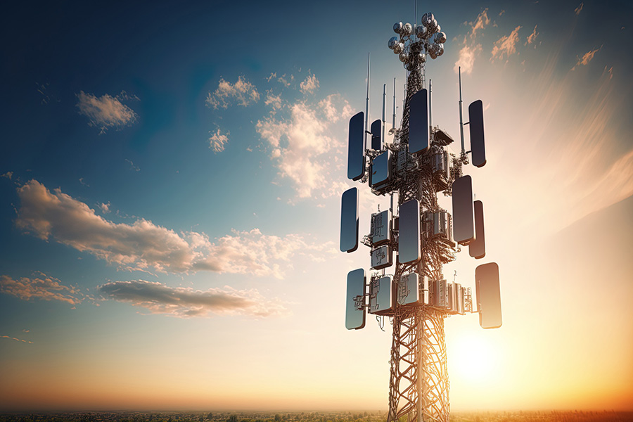Background image shows a 5G global network technology communication antenna tower for wireless high speed internet. Future proof fastest internet technology is LTE aerial network connection. Generative AI