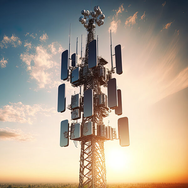 Background image shows a 5G global network technology communication antenna tower for wireless high speed internet. Future proof fastest internet technology is LTE aerial network connection. Generative AI