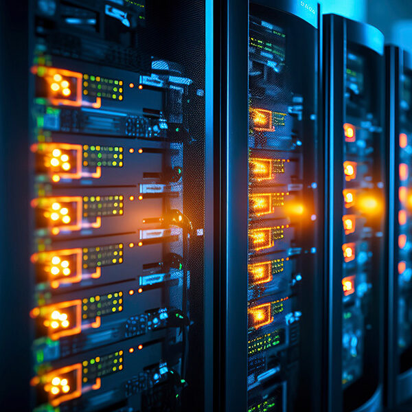 Row of network servers with glowing LED lights.