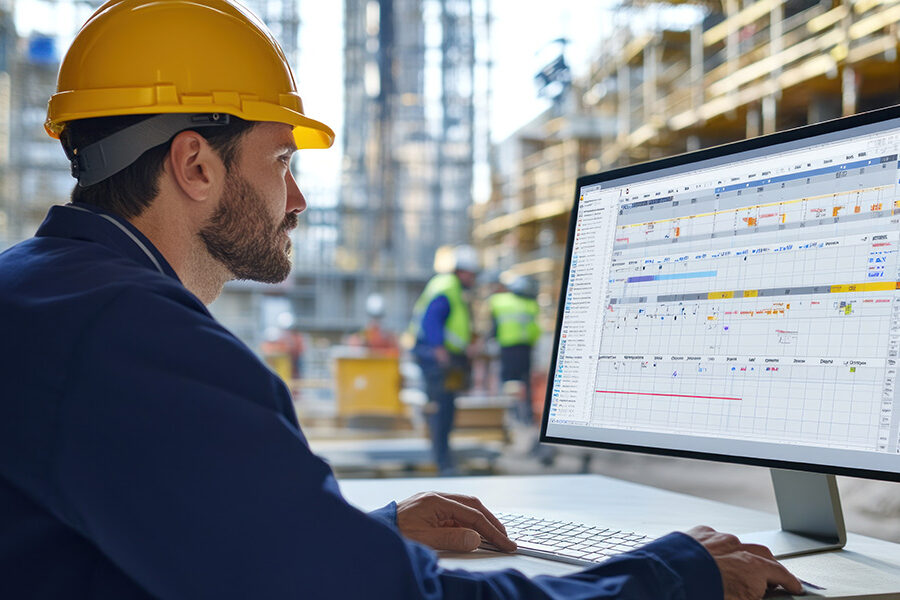 Generate a photo realistic image of scheduling managers optimizing the construction schedule, with project timeline adjustments, scheduling software interface, team collaboration, and construction site backdrop visible; ensure the image is of high resolution for clear and detailed quality, with proper subject placement and clear edges.