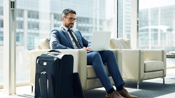 Last minute work before he boards