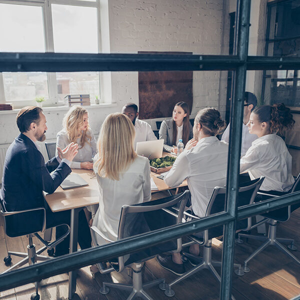 Nice attractive focused stylish experienced executive managers collaborators gathering listening ceo boss chief marketing industry department at loft industrial style interior workplace workstation