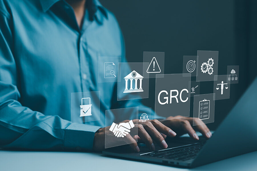 GRC Concept. Governance Risk and Compliance, Businessman with GRC governance, risk, compliance icons, organizational management, and regulatory practices. Reduce noncompliance risk, Business ethics,