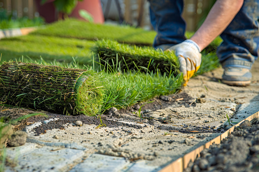 man laying down sod